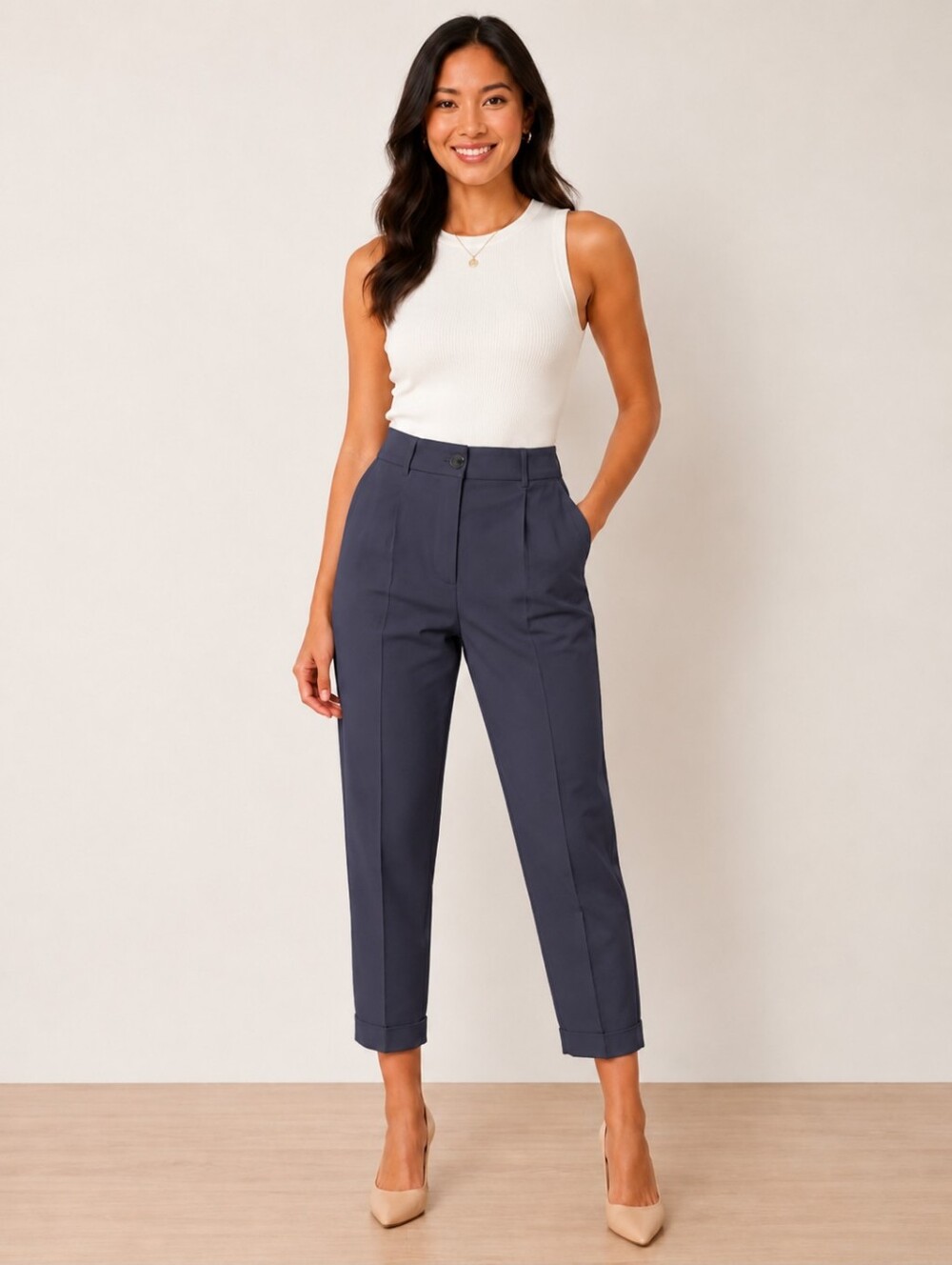 ❤️ LOFT HIGH RISE PLEATED TAPERED ANKLE PANTS, NAVY, MEDIUM